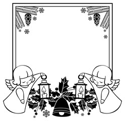 Black and white Christmas frame with cute angels. Copy space.