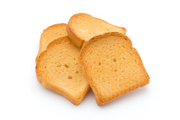 Slices of toast bread on wooden table, top view.