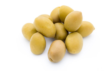 Green big olives on the white background.