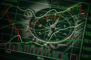 stock market chart with compass and money. Forex stock exchange background