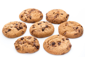 Chocolate chip cookies isolated on white background.