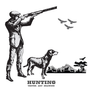 Hunting with dog.Hand drawn vector.