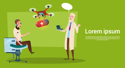Medical Doctor Examinig Patient Clinic Drone Medicines Delivery Hospital Medicine Care Flat Vector Illustration