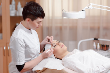 Obraz na płótnie Canvas Eyelash Extension Procedure. Woman Eye with Long Eyelashes