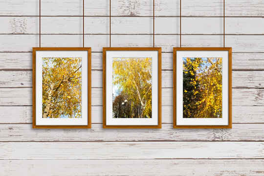 Three wooden frames with colorful autumn motif pictures, hanging on cords against old painted wooden panels wall. Retro style decor idea mock up