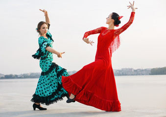 Flamenco dancers Spain womans in long dress - obrazy, fototapety, plakaty