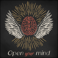 Hand drawn vector sketch illustration - creative vintage tee shirt apparel print poster design, flying brain with sunburst and wings, black chalkboard background.