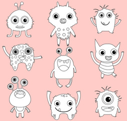 A set of cute vector monsters or aliens clip art with black outlines
