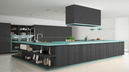 Minimalistic gray kitchen with wooden and turquoise details, min