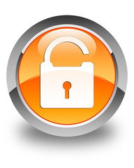 Unlock icon glossy orange round button