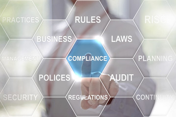 businesswoman presses compliance button on virtual hexagon screen. Businessman touched a compliance...