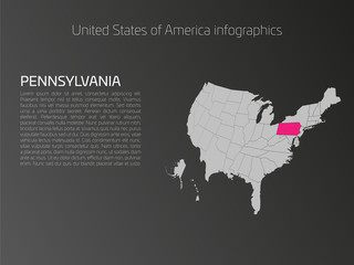 United States of America, aka USA or US, map infographics template. 3D perspective dark theme with pink highlighted Pennsylvania, state name and text area on the left side.