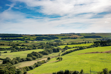 Fototapeta na wymiar Stunning green British countryside under cloudy blue skies