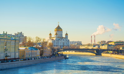 View of the Cathedral of Christ the Saviour and Moskva River in winter
