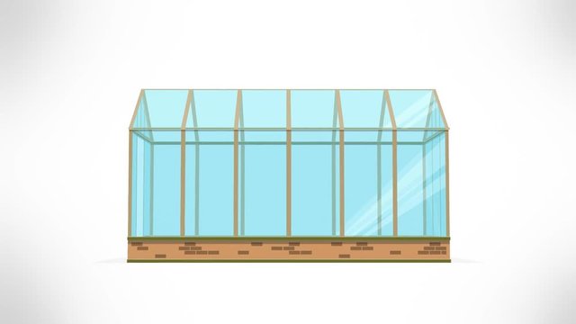 Animated greenhouse with glass walls, foundations, gable roof and garden bed. Slowmotion 3d Horticultural Conservatory for growing vegetables and flowers. Classic cultivate greenhouse gardening.