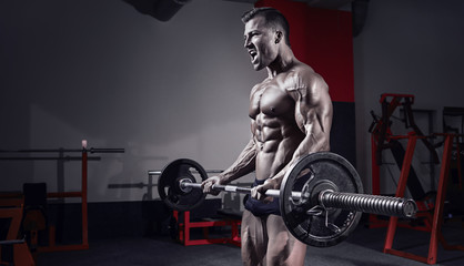 Fototapeta na wymiar Muscular bodybuilder guy doing exercises with dumbbell