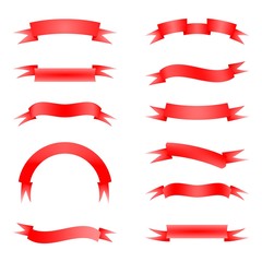 Set of vector red folded ribbons on a white background. Collection of decorative strips for Christmas, birthdays, anniversaries, new year and web. 