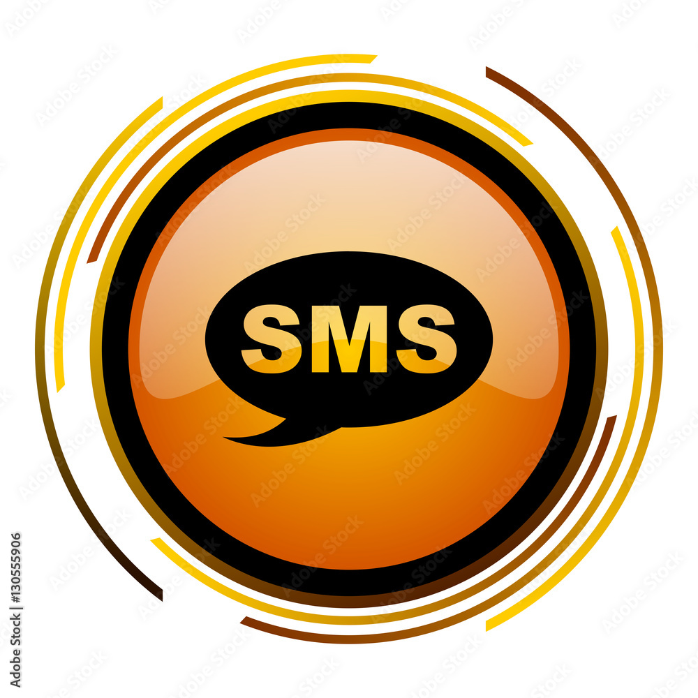 Poster SMS sign vector icon. Modern design round orange button isolated on white square background for web and application designers in eps10.