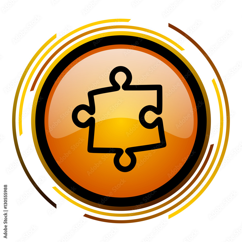 Poster Puzzle sign vector icon. Modern design round orange button isolated on white square background for web and application designers in eps10.