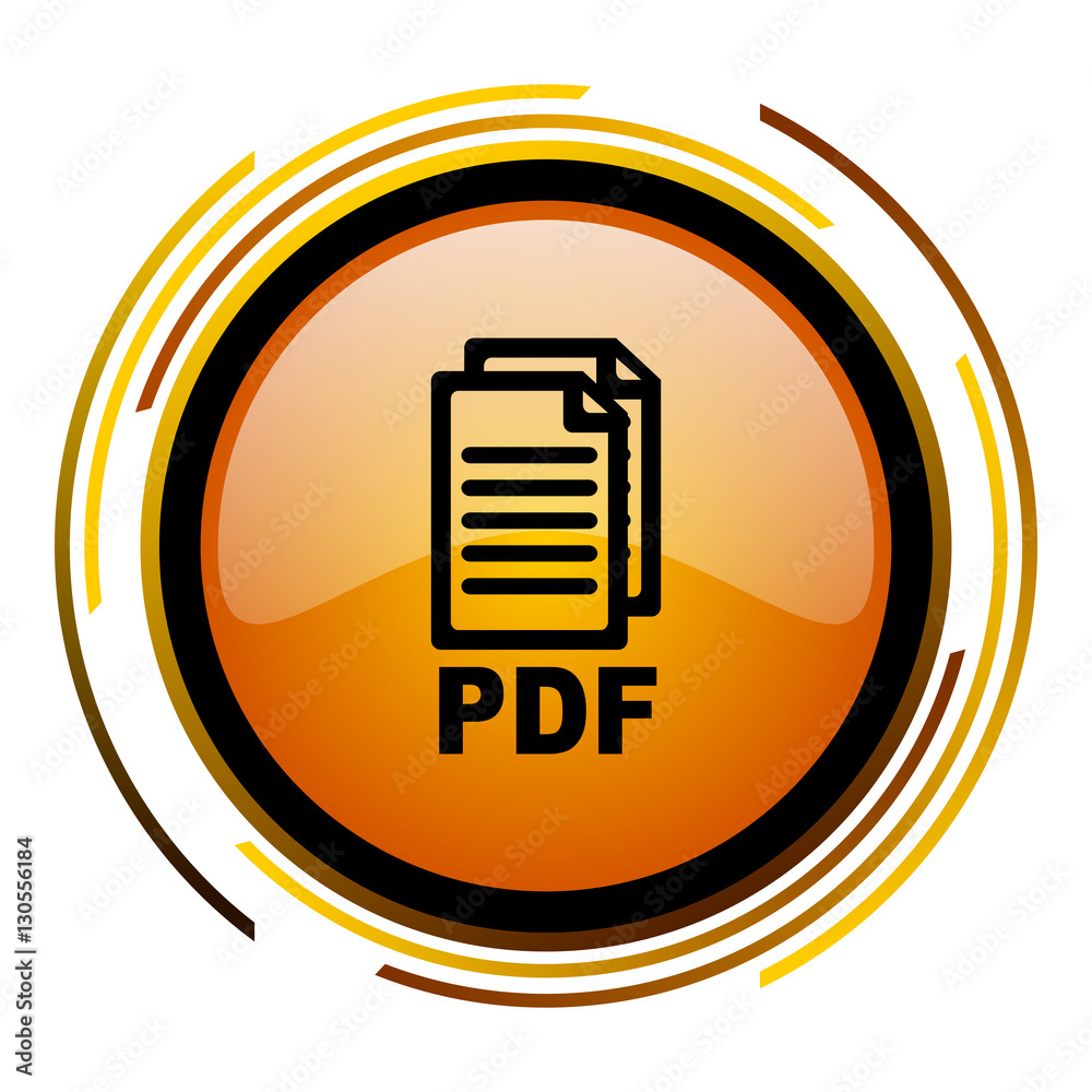 Aufkleber PDF document sign vector icon. Modern design round orange button isolated on white square background for web and application designers in eps10.