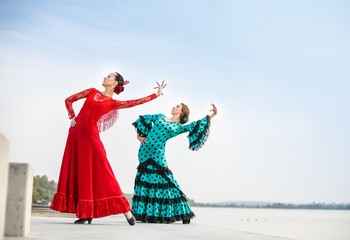 Flamenco dancers Spain womans in a long dress - obrazy, fototapety, plakaty