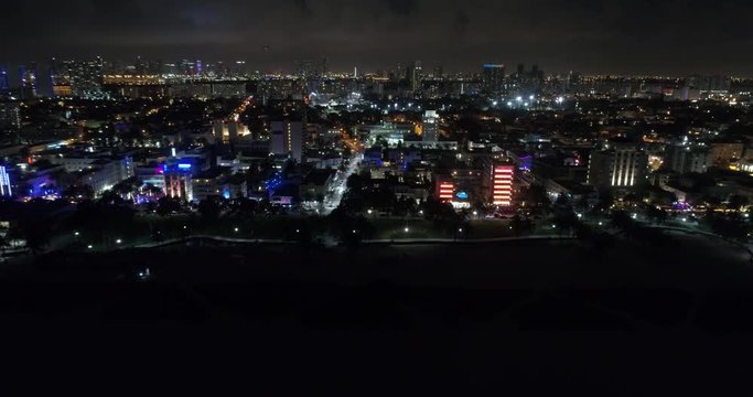 Night aerial video footage of Miami Beach FL