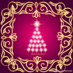 Abstract waves background with christmas tree. Vector illustration in lilac and gold colors.