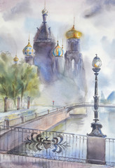 Landscape with Orthodox Church. Saint Petersburg attractions.Watercolor hand drawn illustration.
