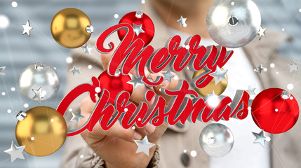 Businessman touching floating christmas message with his finger