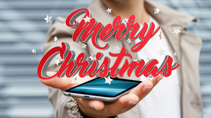 Businessman holding floating christmas message 3D rendering