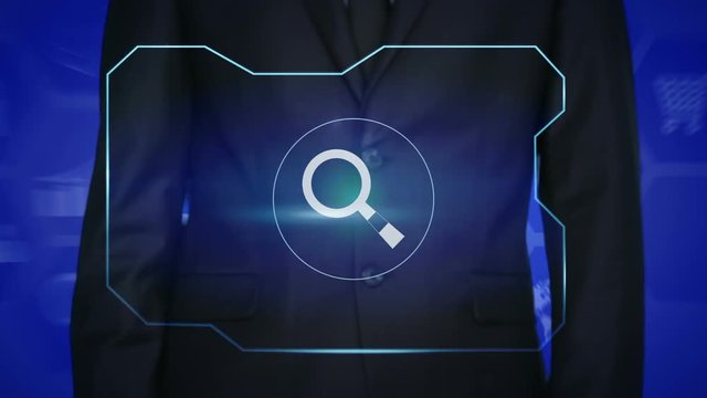 businessman hand pressing a virtual search button on the virtual screen.