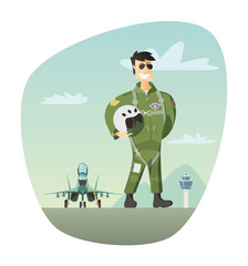 Military pilot and fighter jet in background © johnnyknez