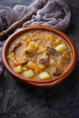 Stewed beef with potatoes, carrot and pumpkin
