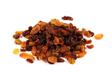 Pile of raisins isolated on white background
