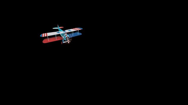 Biplane from World War with colors of flag of United States. Model aircraft propeller with two wings. Old retro aircraft designed in red, white and blue. Animated flying biplane with key, alpha, mask.