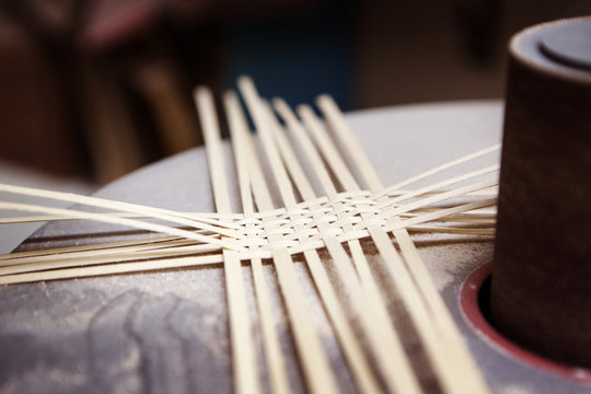 Making on woven wooden basket at workshop