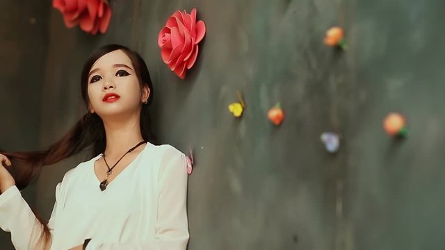 Vietnamese young brunette girl with long hair posing against the wall with artificial roses. Vietnam.