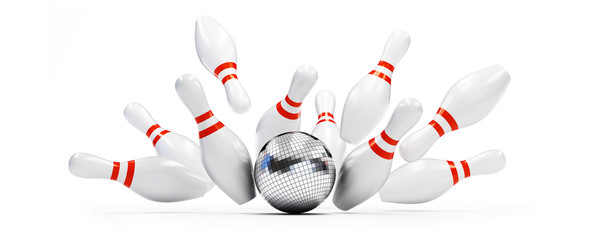 bowling strike disco ball on white background. 3d Illustrations