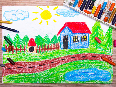  oil pastels drawing : country house