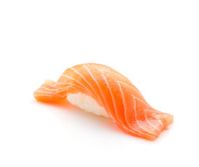 Japanese cuisine. Salmon sushi nigiri isolated on white background.