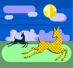 Fawns are running on the night of the lunar glade in a forest.Pr