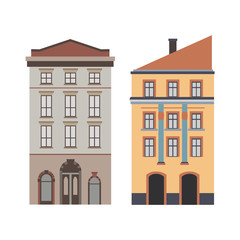 Fototapeta premium Beautiful detailed linear cityscape collection with townhouses. Small town street with victorian building facades. Template for web, graphic, game and motion design. Vector illustration