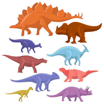 Different type of cartoon dinosaurs cute monster set. Dinosaur cartoon collection prehistoric character tyrannosaurus funny animal. Vector