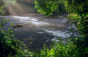Beautiful landscape with sunbeams in haze. Morning on the Exe river. Devon. England