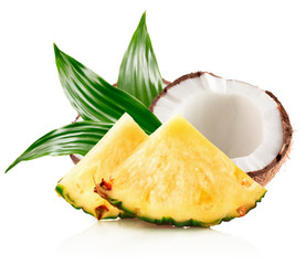 pineapple slices and half of coconut isolated on the white backg - 130565700