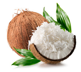 coconuts with coconuts flakes isolated on the white background