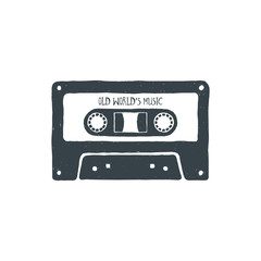 Obraz premium Old World's Music. Inspiring Creative Motivation Quote. Vector Typography Poster Design Concept. Hand drawn textured vintage label. Retro badge. Inspirational lettering. Emblem. Cassette tape.