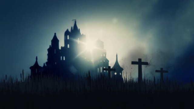 3 Wooden Crosses Burning on a Scary Castle Background