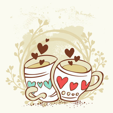 Two cartoon cups fall in love