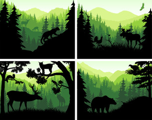 set of vector mountains woodland animals silhouettes in sunset design templates